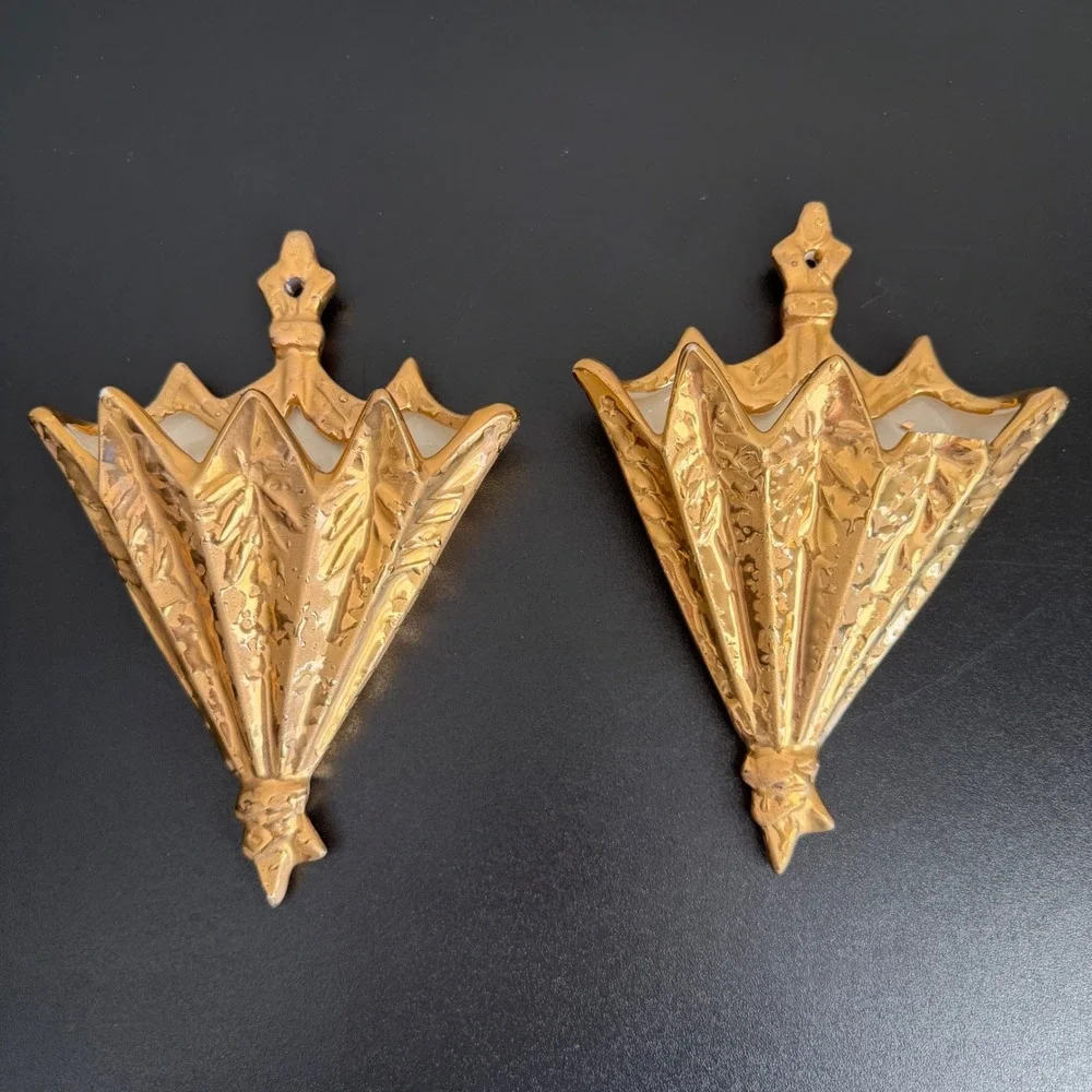 Vintage Umbrella Wall Pockets Set 2 Gold Ceramic Floral Relief Mid Century 8.5in